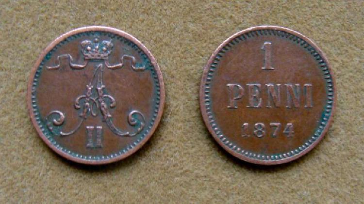 Moneda de 1 penni Finlandia dominación rusa 1874