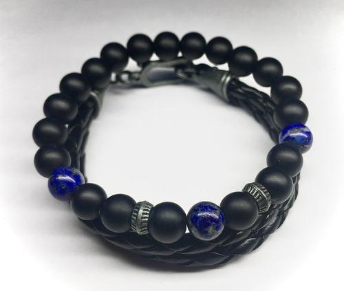 Pulseras Brazalete Doble De Piedra Onix, Lapizlazuli Y Cuero