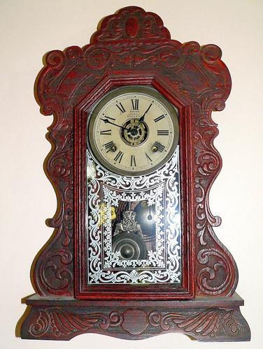 Antiguo Reloj De Pared Ansonia U.s.a. - Madera De Roble