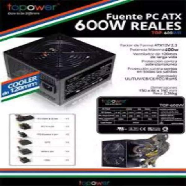 Fuente Pc Topower 600 Watts-black 8o Plus -impecable