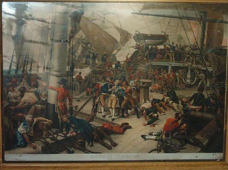 Grabado Antiguo Color De La Batalla de Trafalgar