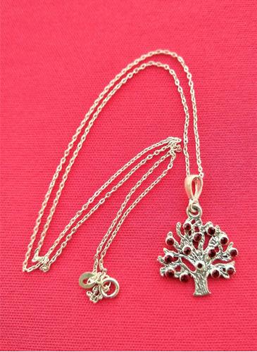 Dije Y Cadena Plata 925 - Arbol Con Piedras Rojas Promo