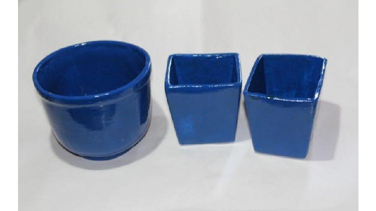 Juego de 3 macetas cerámicas azules, 2 de 11 cm y una de 16