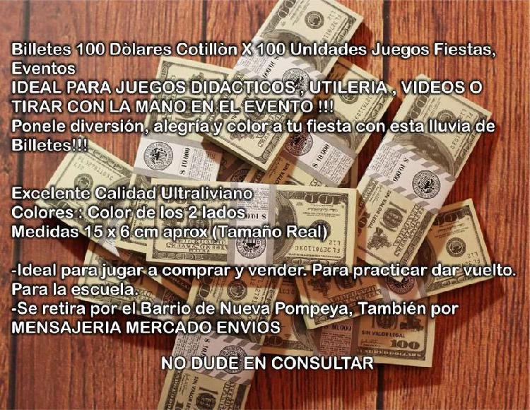 Billetes Cotillón Utileria Dolares Pack X 100 Unid.sin