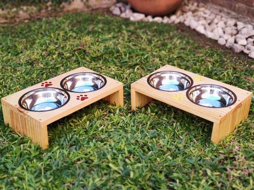 Comedero Doble De Madera Para Mascotas + Bowl De Acero