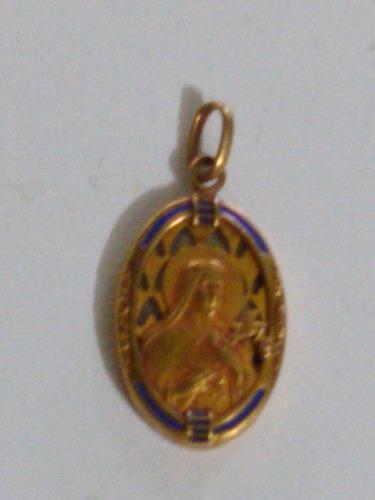Medalla Oro Y Nacar Muy Antigua Ovalada Esmaltada Azul