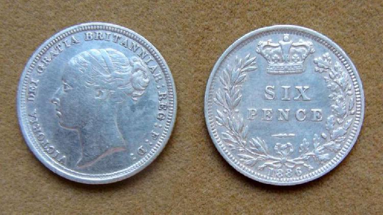 Moneda de 6 peniques de plata Gran Bretaña 1886