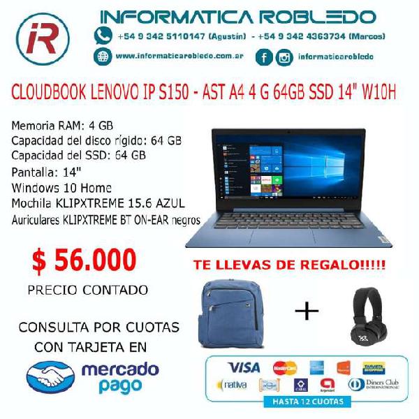 NOTEBOOK LENOVO IP S150 – AST A4 4 G 64GB SSD 14″ W10H +