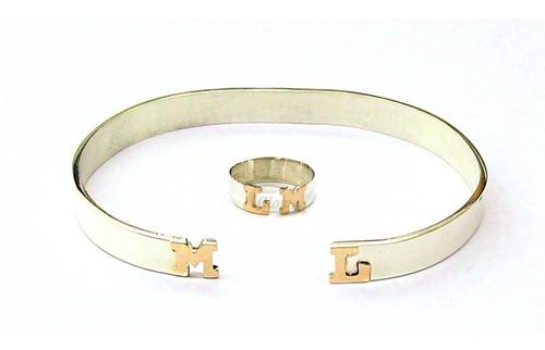 Conjunto Anillo Y Pulsera Plata 2 Letras Oro 18 Relieve