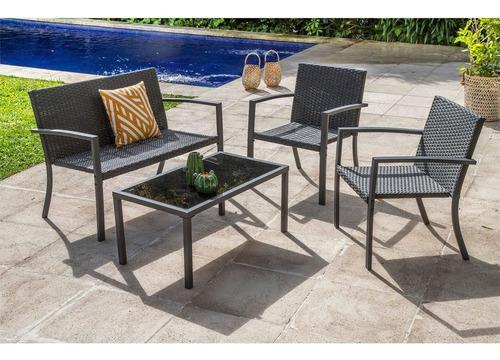 Set Living Jardín Rattán Acero 3 Sillones Mesa Vidrio