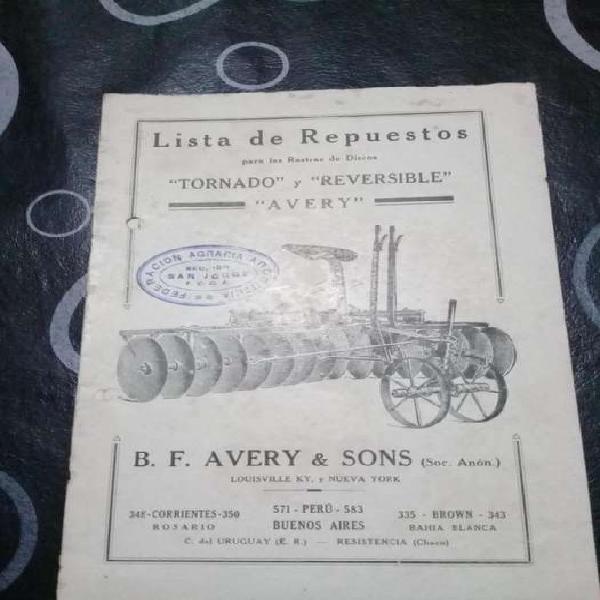 Catálogo De Rastras De Disco Tornado/ Reversible/ Avery