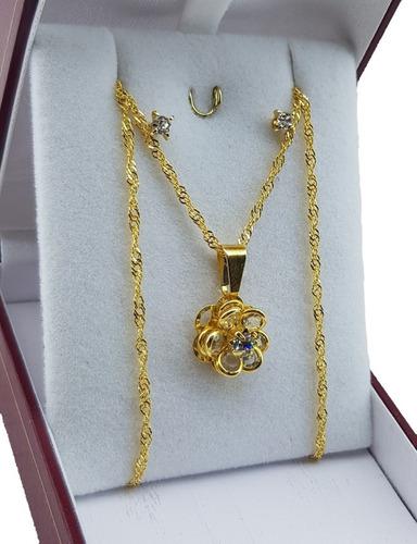 Conjunto De Cadena Con Dije Flor Y Aros Enchapado Oro 18kt