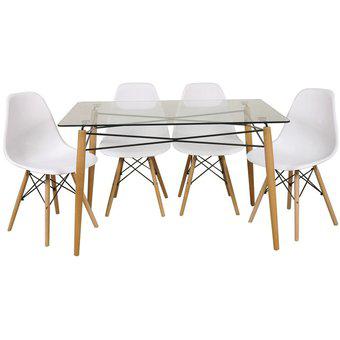 Set Mesa Eames + 4 Sillas 1.40x80x75cm Tapa Vidrio Patas