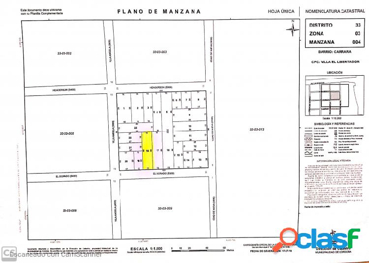 BARRIO CARRARA: A MTS. DE CIRCUNVALACI?N VENDO LOTE DE 484