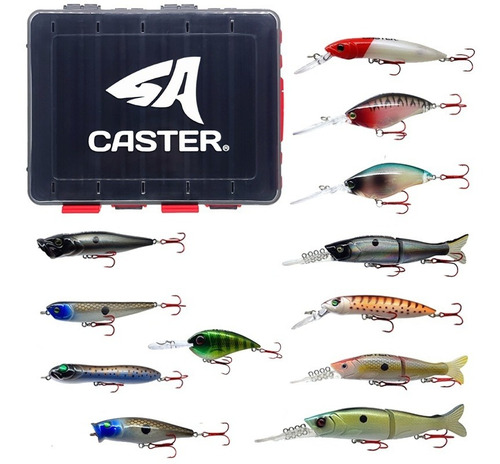 Kit Caja Pesca + 12 Señuelos Para Dorado Tararira Caster