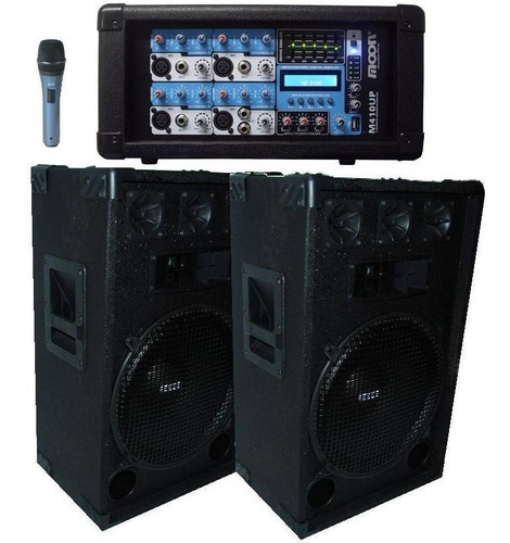 Combo Bafles 15 + Mixer Potenciado Mp3 Microfono Y Cables