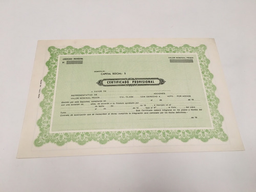 Antiguo Certificado Provisorio Al Portador Acciones Verde