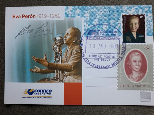 Tarjeta Conmemorativa Con 2 Sellos De Eva Perón