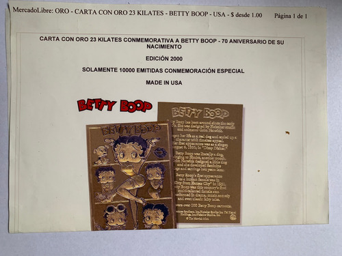 Robmar Tarjetas En Blister Sellado De 23 K.betty Boop