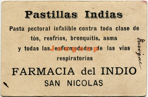 Tarjeta Religiosa Publicidad Farmacia Del Indio San Nicolas
