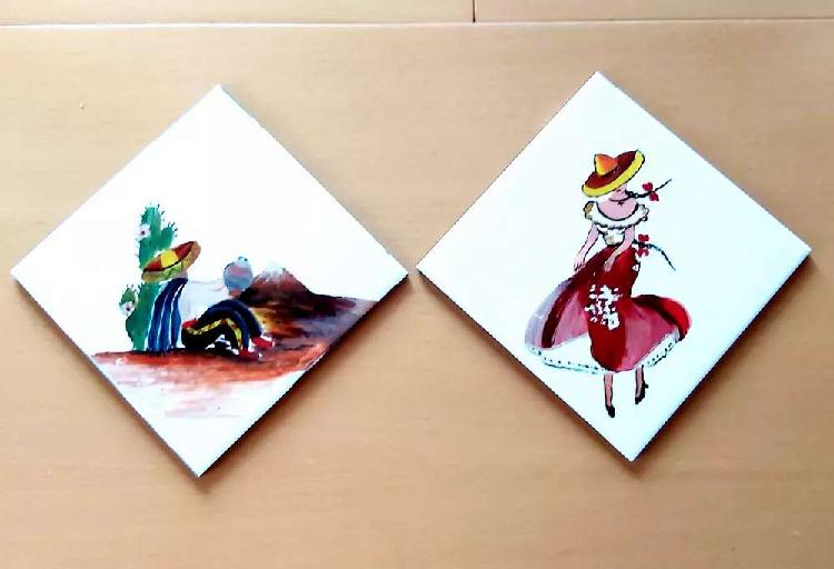 Set de 2 azulejos pintados a mano temática mejicana