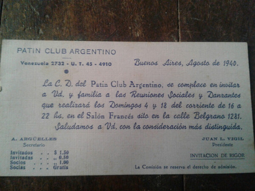Invitación Patín Club Argentino Agosto De 