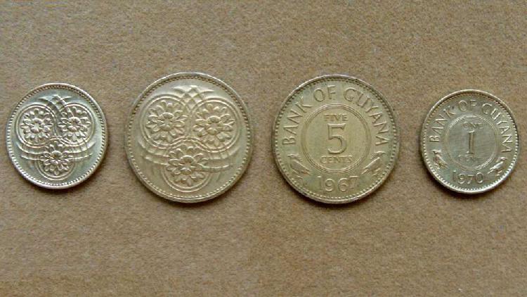 Monedas de 1 y 5 cents Guyana años 1967 1970