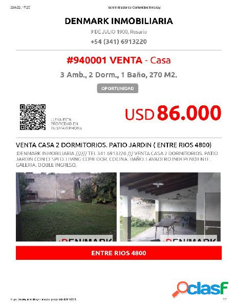 VENTA CASA 2 DORMITORIOS. PATIO JARDIN (ENTRE RIOS 4800)
