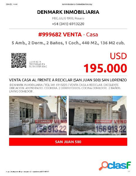 VENTA CASA AL FRENTE A RECICLAR (SAN JUAN 500) SAN LORENZO