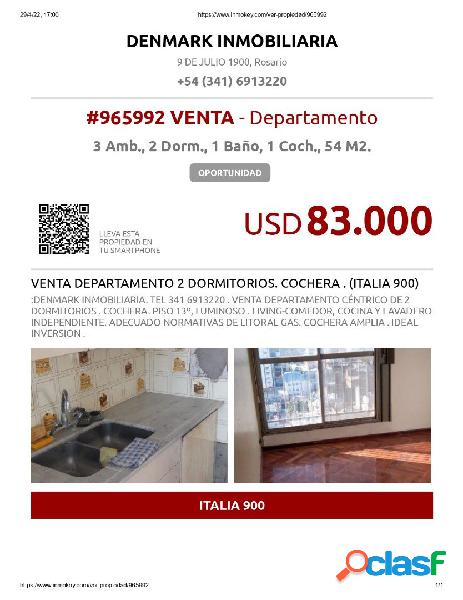 VENTA DEPARTAMENTO 2 DORMITORIOS. COCHERA. (ITALIA 900)