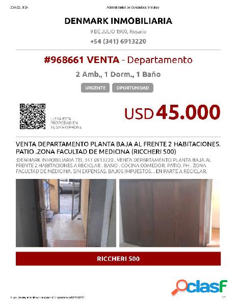 VENTA DEPARTAMENTO PLANTA BAJA AL FRENTE 2 HABITACIONES.