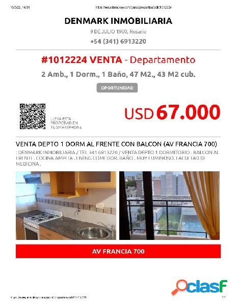 VENTA DEPTO 1 DORM AL FRENTE CON BALCON (AV FRANCIA 700)