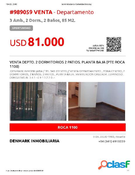 VENTA DEPTO. 2 DORMITORIOS 2 PATIOS. PLANTA BAJA (PTE ROCA