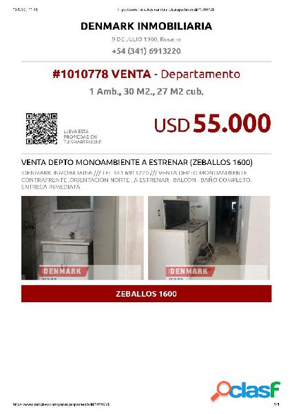 VENTA DEPTO MONOAMBIENTE A ESTRENAR (ZEBALLOS 1600)