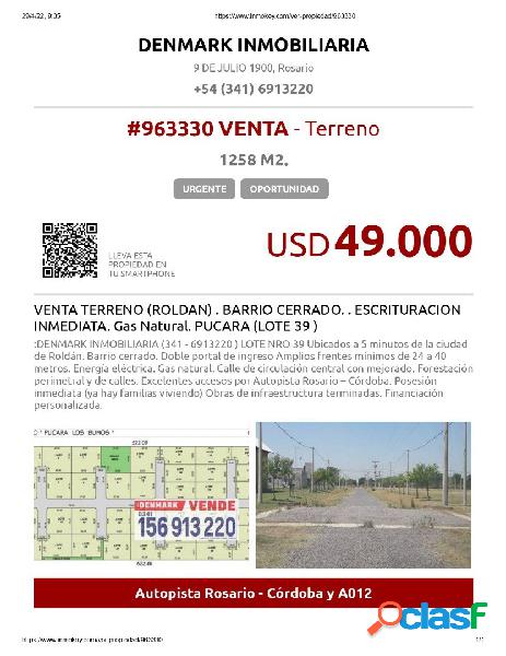 VENTA TERRENO (ROLDAN). BARRIO CERRADO.. ESCRITURACION