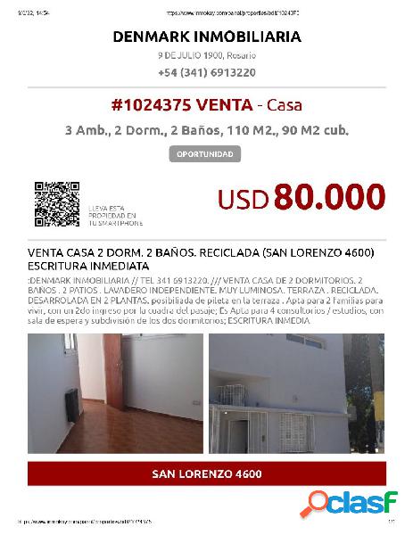 VENTA CASA 2 DORM. 2 BAÑOS. RECICLADA (SAN LORENZO 4600)