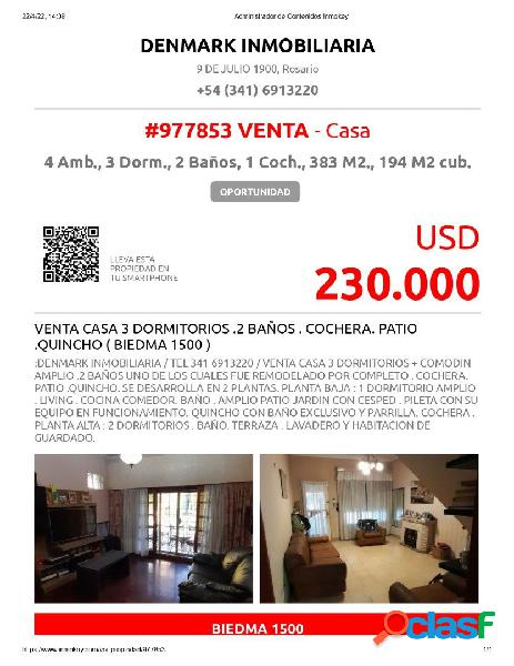 VENTA CASA 3 DORMITORIOS.2 BAÑOS. COCHERA. PATIO.QUINCHO