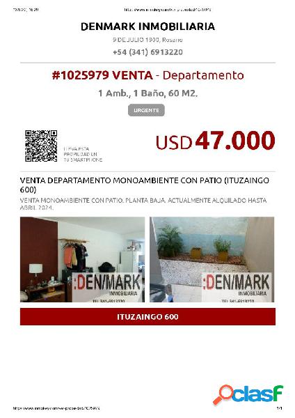 VENTA DEPARTAMENTO MONOAMBIENTE CON PATIO (ITUZAINGO 600)