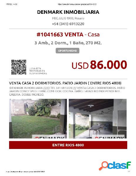 VENTA CASA 2 DORMITORIOS. PATIO JARDIN (ENTRE RIOS 4800)