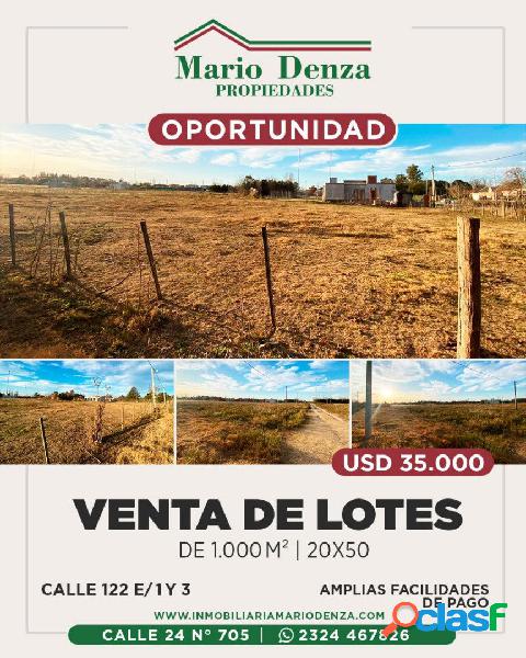 Venta Lotes de 1000 m2, Desde U$S 35000, calle 122 e/ 1 y 3.