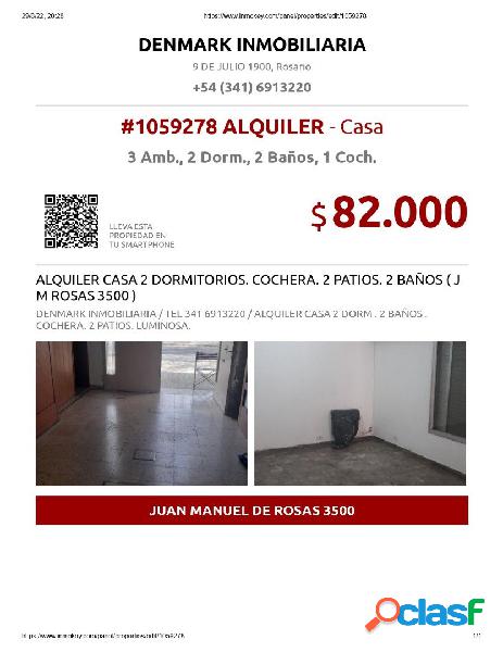 ALQUILER CASA 2 DORMITORIOS. COCHERA. 2 PATIOS. 2 BAÑOS (J