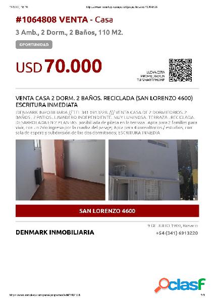 VENTA CASA 2 DORM. 2 BAÑOS. RECICLADA (SAN LORENZO 4600)