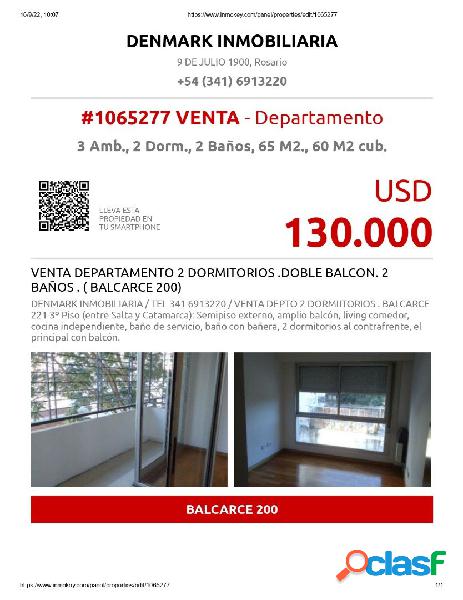 VENTA DEPARTAMENTO 2 DORMITORIOS.DOBLE BALCON. 2 BAÑOS.