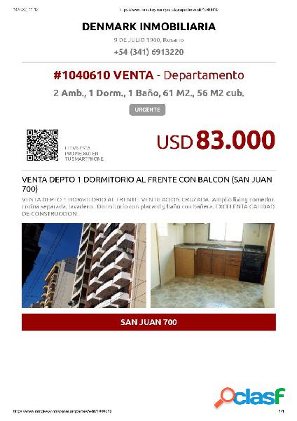 VENTA DEPTO 1 DORMITORIO AL FRENTE CON BALCON (SAN JUAN 700)