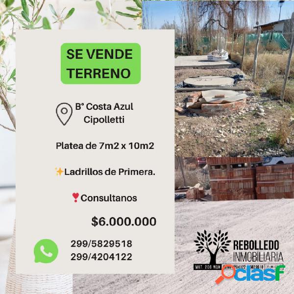 Se vende Terreno Barrio Costa azul Cipolletti con platea y